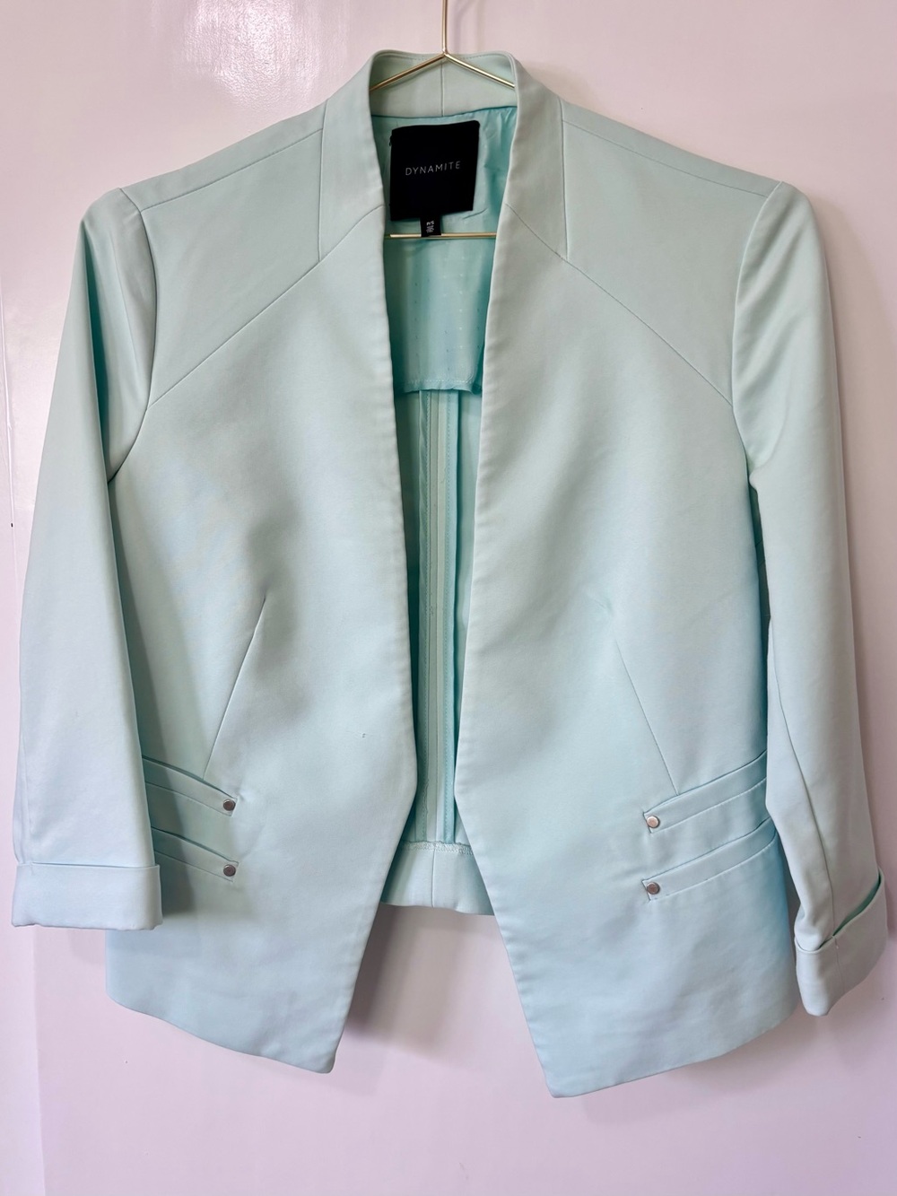 Dynamite| Pastel Green Cuffed Open Front Studded Waist Coat/Blazer Sz S